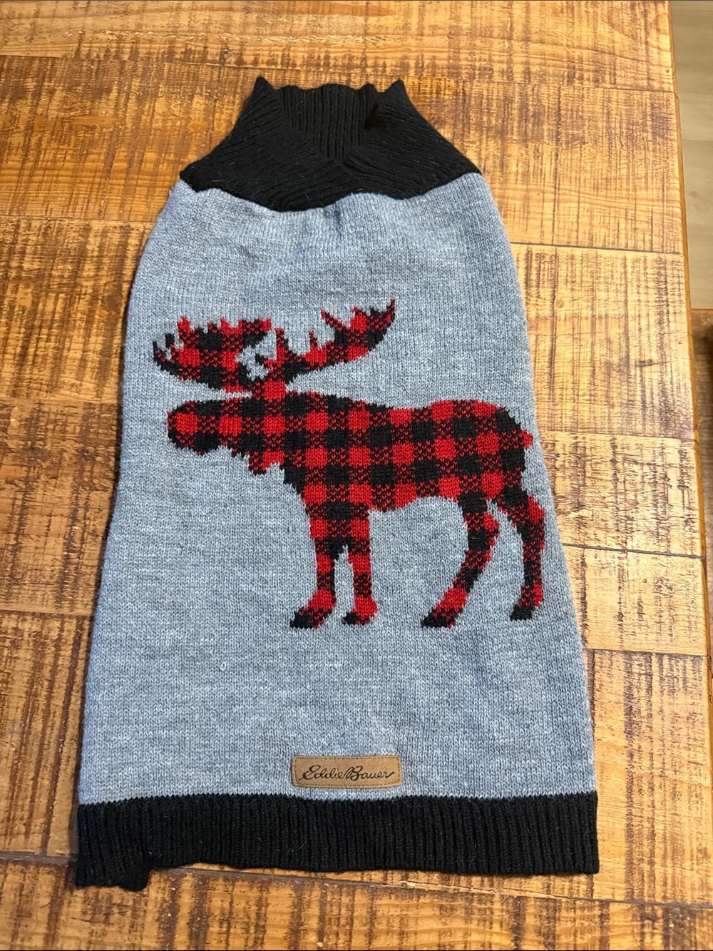 Eddie Bauer Gray Sweater with Red & Black Buffalo Plaid Moose
